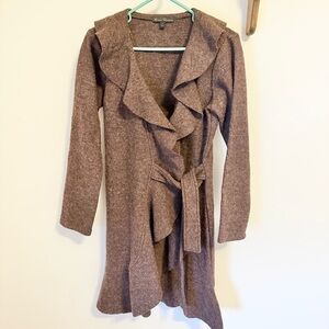 Vintage 90s Y2K Marisa Christina 100% Wool Long Ruffle Cardigan Wrap Small Brown